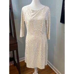 J McLaughlin Catalina Cloth Dress XS White Beige Zebra Stripe 3/4 Sleeve Shift